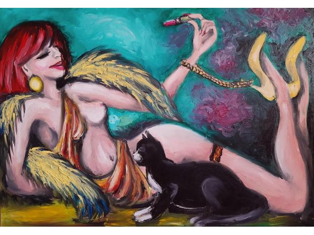 Kobieta z Kotem - sprzedam obraz olejny na płótnie - 1